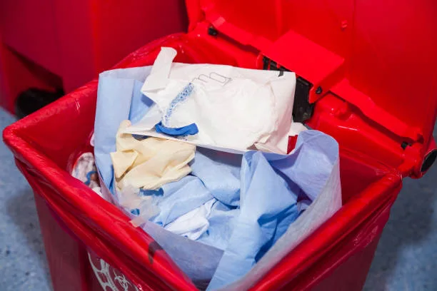 Biological risk waste disposed of in the red trash bag at a operating room in a hospital. Sign showing the biological hazard symbol and the types of waste considered in this category in spanish and english