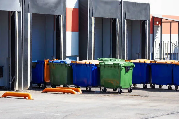 Garbage cans near the cargo transport terminal. Cargo loading dock